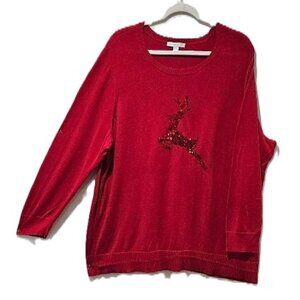 WESTPORT 1962 RED FINE KNIT LONG SLEEVE PULLOVER SEQUIN REINDEER SWEATER  3X